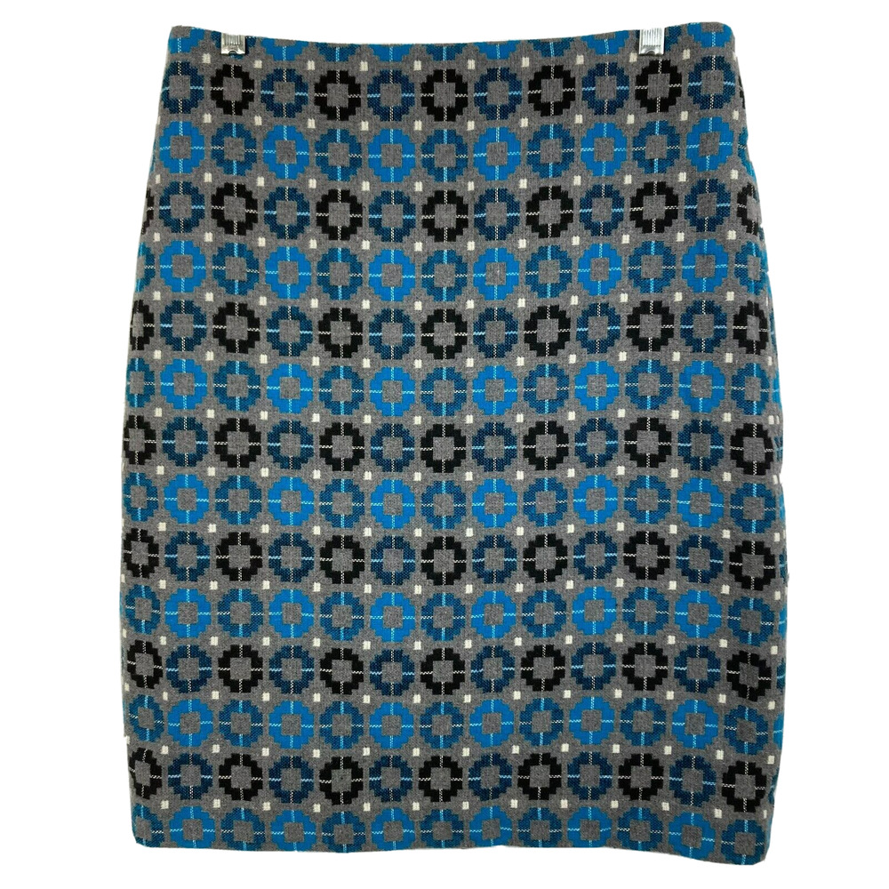 Talbots Skirt Womens Sz 8 Gray Blue Geometric Wool Pencil Lined Back Zip